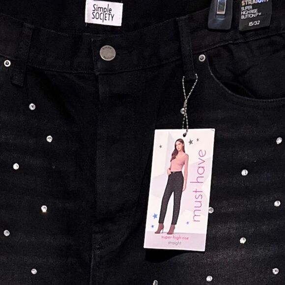 Simple Society Black Denim High Waisted Straight Jeans Rhinestone Bling - Picture 7 of 8